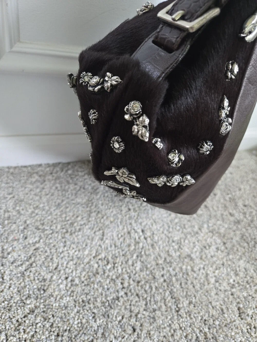 Berge Brown Leather Calfhair Hobo Shoulder Bag Charms Rhinestone Made in Italy